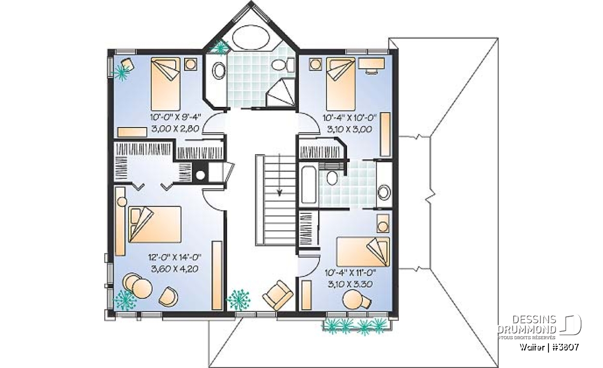 Étage - Plan de maison à 4 chambres, salle de bain communicante, espace ouvert, séjour en lumière - Walter