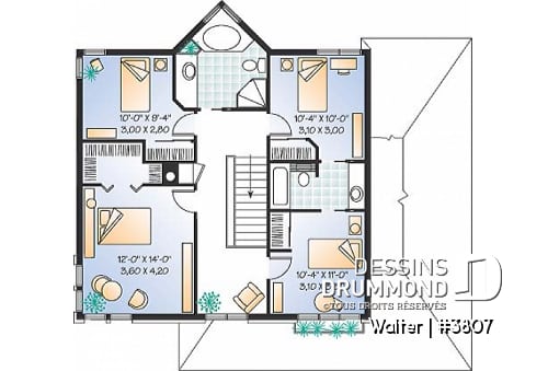 Étage - Plan de maison à 4 chambres, salle de bain communicante, espace ouvert, séjour en lumière - Walter