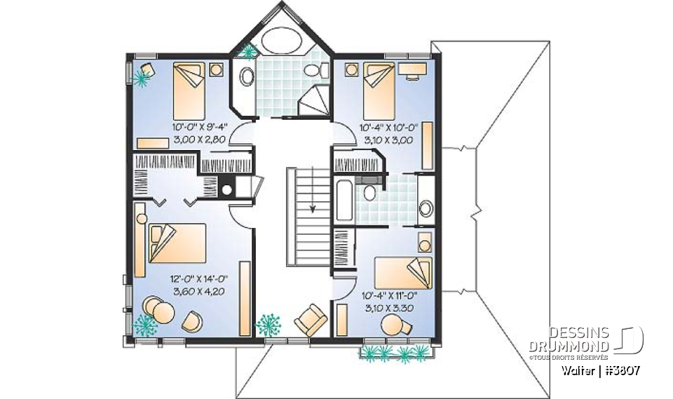 Étage - Plan de maison à 4 chambres, salle de bain communicante, espace ouvert, séjour en lumière - Walter