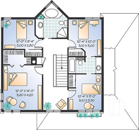 Étage - Plan de maison à 4 chambres, salle de bain communicante, espace ouvert, séjour en lumière - Walter
