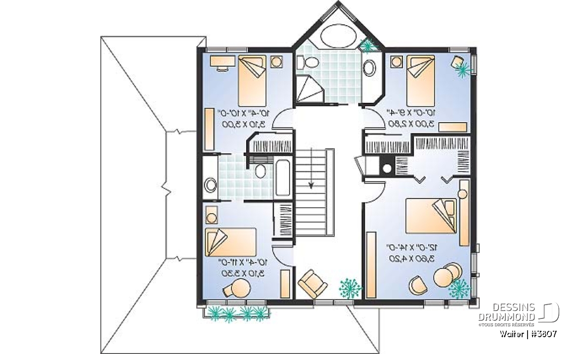 Étage - Plan de maison à 4 chambres, salle de bain communicante, espace ouvert, séjour en lumière - Walter