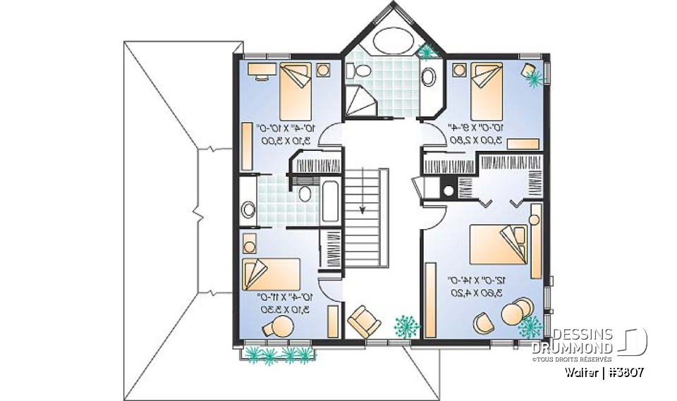 Étage - Plan de maison à 4 chambres, salle de bain communicante, espace ouvert, séjour en lumière - Walter