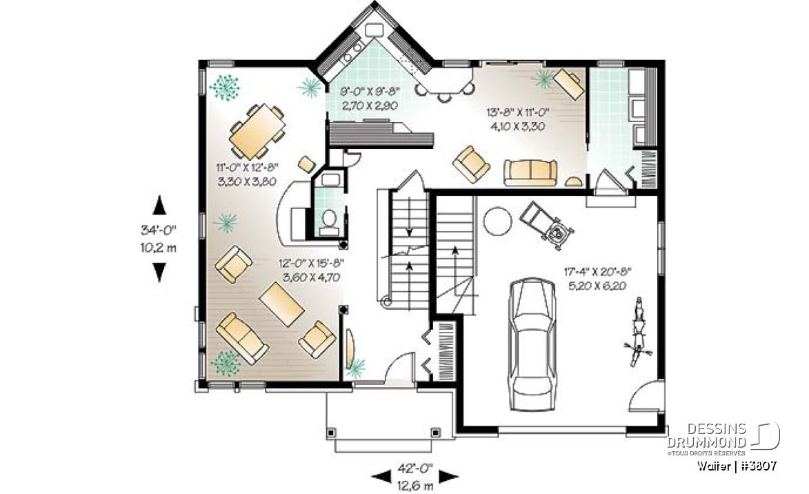 Rez-de-chaussée - Plan de maison à 4 chambres, salle de bain communicante, espace ouvert, séjour en lumière - Walter