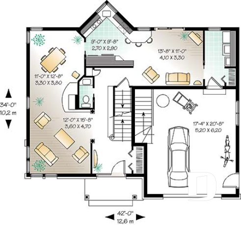 Rez-de-chaussée - Plan de maison à 4 chambres, salle de bain communicante, espace ouvert, séjour en lumière - Walter