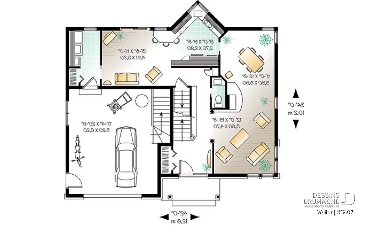 Rez-de-chaussée - Plan de maison à 4 chambres, salle de bain communicante, espace ouvert, séjour en lumière - Walter
