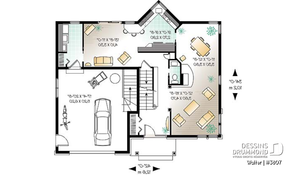 Rez-de-chaussée - Plan de maison à 4 chambres, salle de bain communicante, espace ouvert, séjour en lumière - Walter