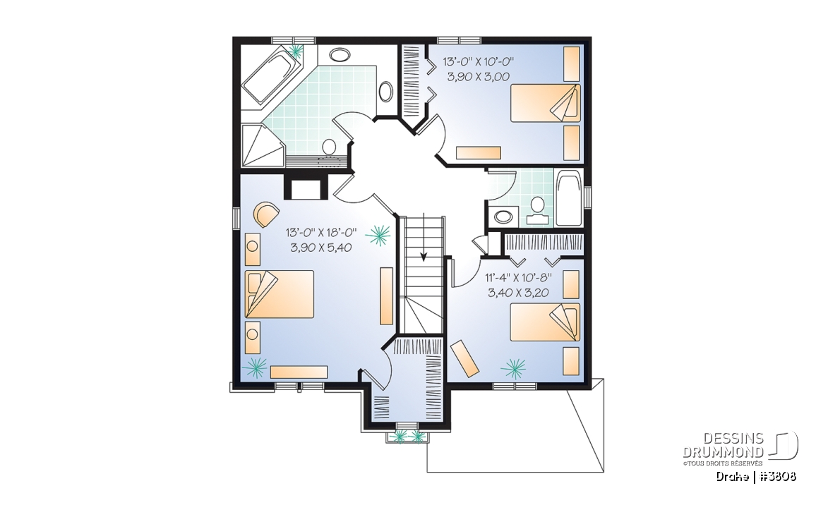 Étage - Plan de maison à étage, chambre des maîtres avec grand walk-in, portes françaises au séjour, 3 chambres - Drake