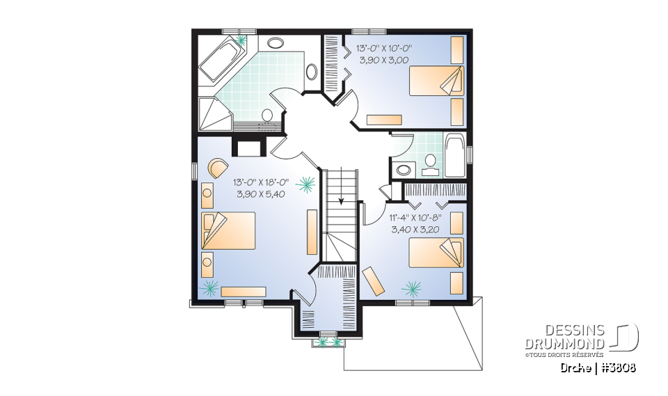 Étage - Plan de maison à étage, chambre des maîtres avec grand walk-in, portes françaises au séjour, 3 chambres - Drake