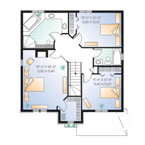 Étage - Plan de maison à étage, chambre des maîtres avec grand walk-in, portes françaises au séjour, 3 chambres - Drake