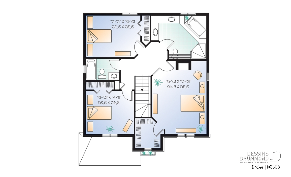 Étage - Plan de maison à étage, chambre des maîtres avec grand walk-in, portes françaises au séjour, 3 chambres - Drake
