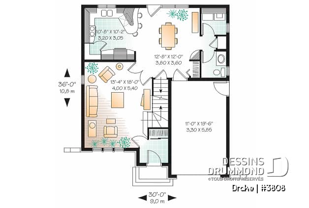 Rez-de-chaussée - Plan de maison à étage, chambre des maîtres avec grand walk-in, portes françaises au séjour, 3 chambres - Drake