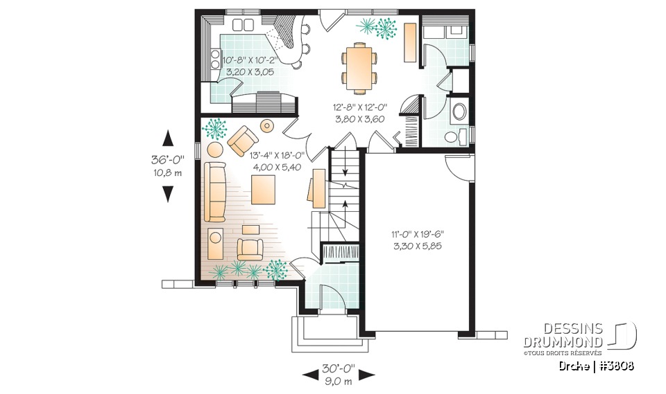 Rez-de-chaussée - Plan de maison à étage, chambre des maîtres avec grand walk-in, portes françaises au séjour, 3 chambres - Drake