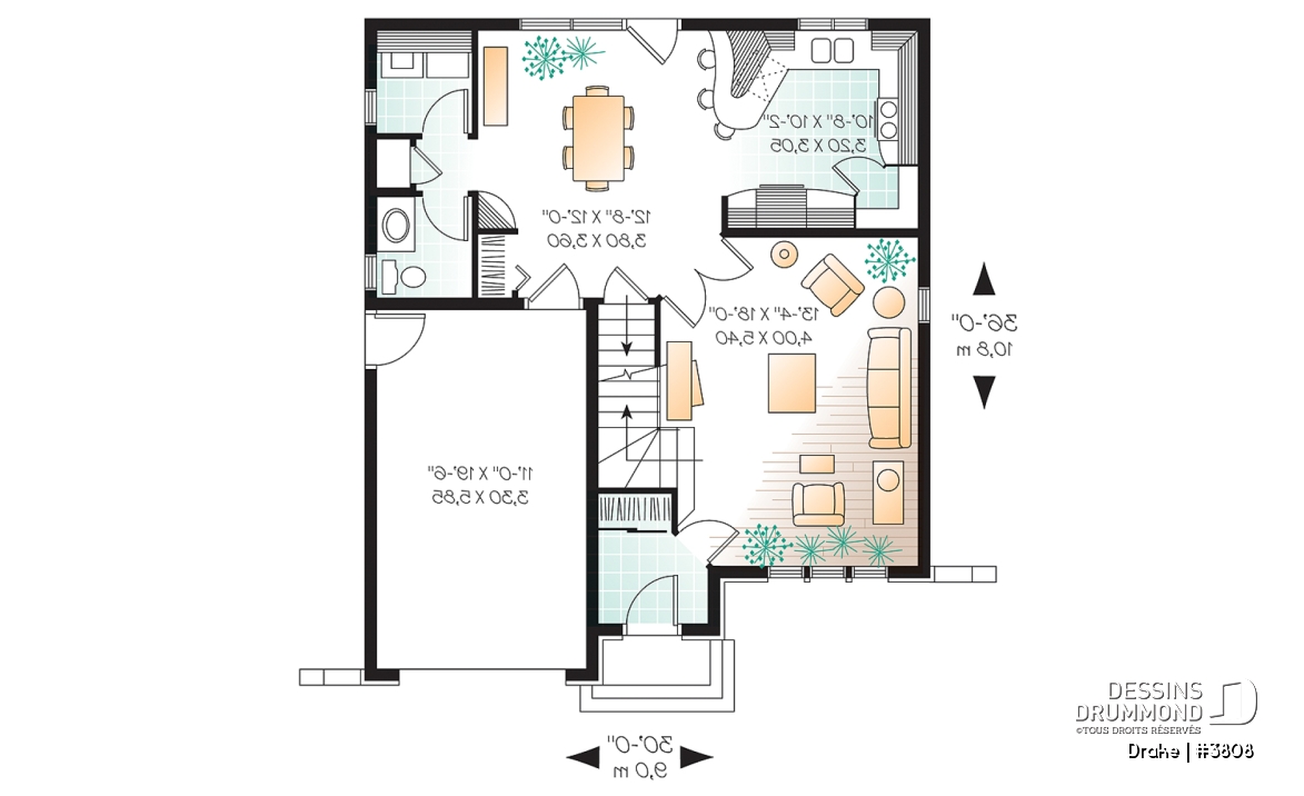 Rez-de-chaussée - Plan de maison à étage, chambre des maîtres avec grand walk-in, portes françaises au séjour, 3 chambres - Drake