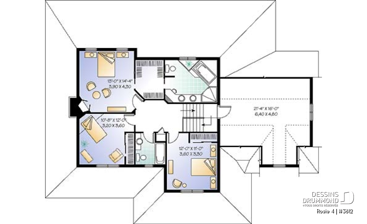 Étage - Plan de maison champêtre américaine, 3 à 4 chambres, balcon arrière habrité, bureau - Rosie 4