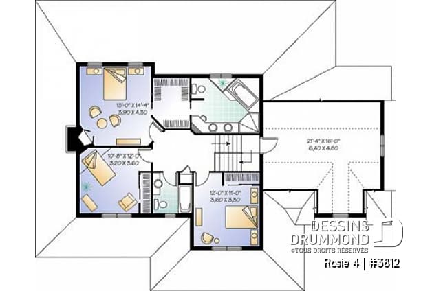 Étage - Plan de maison champêtre américaine, 3 à 4 chambres, balcon arrière habrité, bureau - Rosie 4