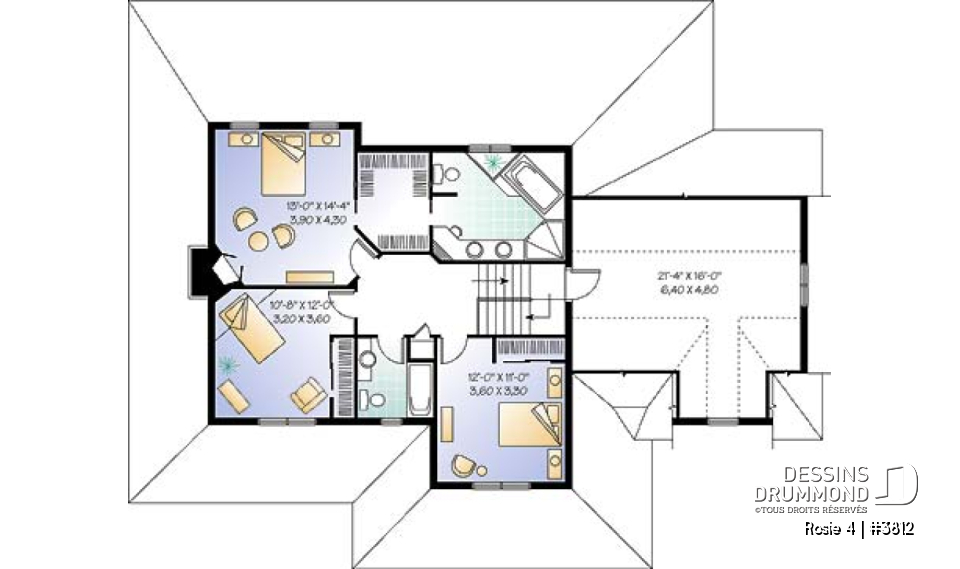 Étage - Plan de maison champêtre américaine, 3 à 4 chambres, balcon arrière habrité, bureau - Rosie 4