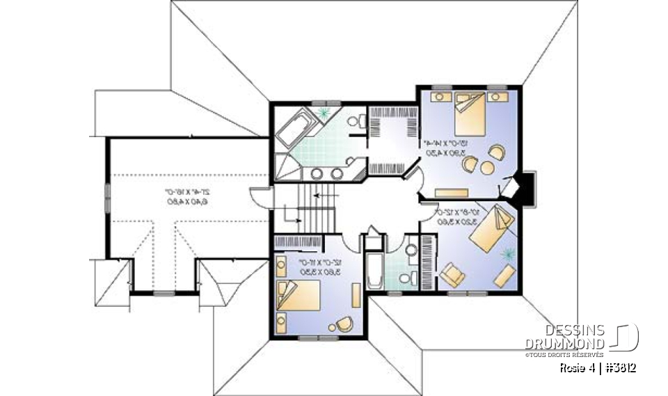 Étage - Plan de maison champêtre américaine, 3 à 4 chambres, balcon arrière habrité, bureau - Rosie 4