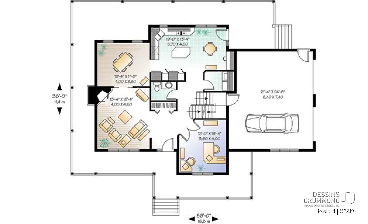 Rez-de-chaussée - Plan de maison champêtre américaine, 3 à 4 chambres, balcon arrière habrité, bureau - Rosie 4
