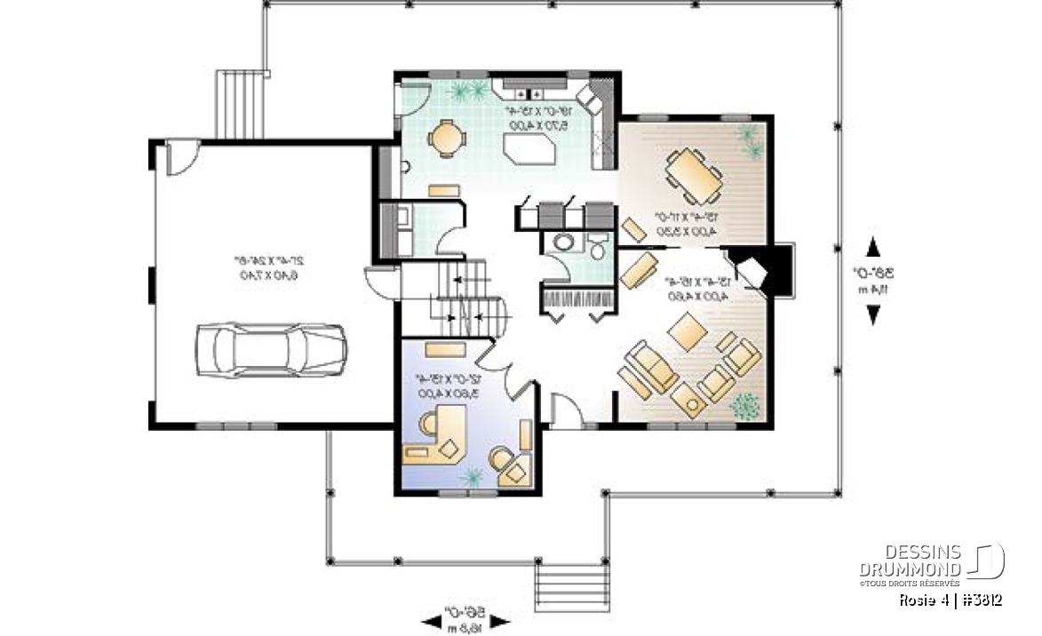 Rez-de-chaussée - Plan de maison champêtre américaine, 3 à 4 chambres, balcon arrière habrité, bureau - Rosie 4