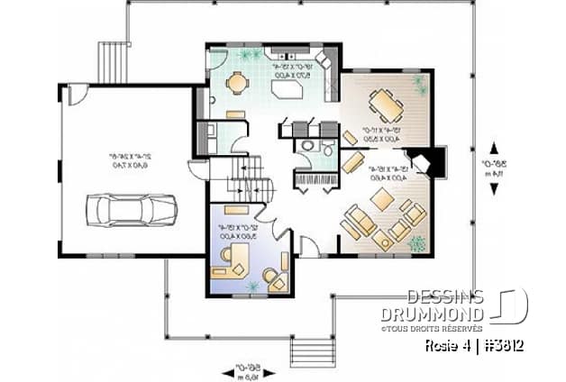 Rez-de-chaussée - Plan de maison champêtre américaine, 3 à 4 chambres, balcon arrière habrité, bureau - Rosie 4