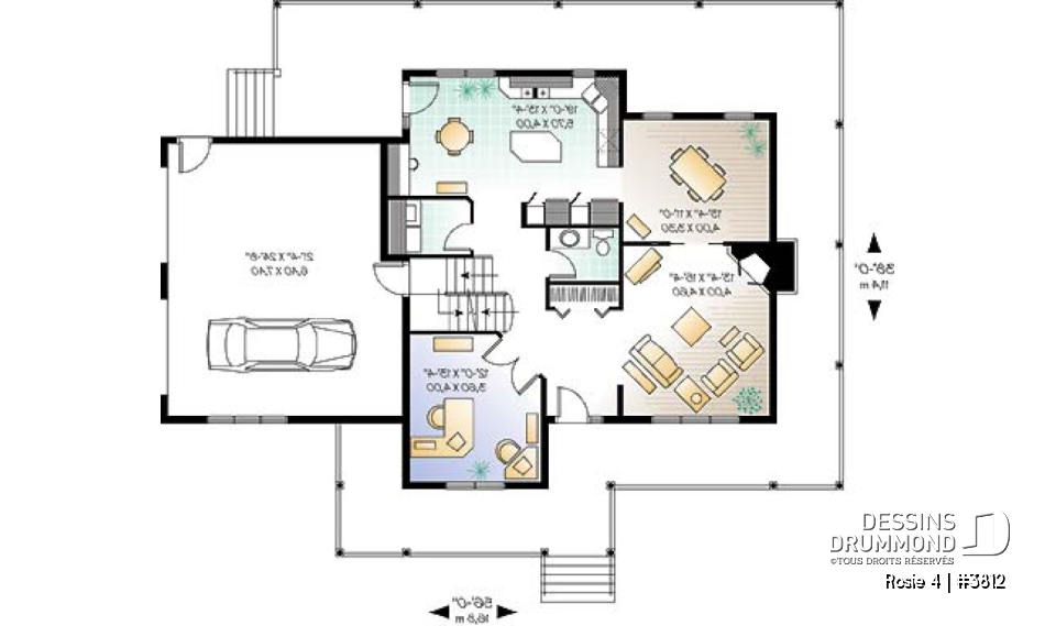 Rez-de-chaussée - Plan de maison champêtre américaine, 3 à 4 chambres, balcon arrière habrité, bureau - Rosie 4