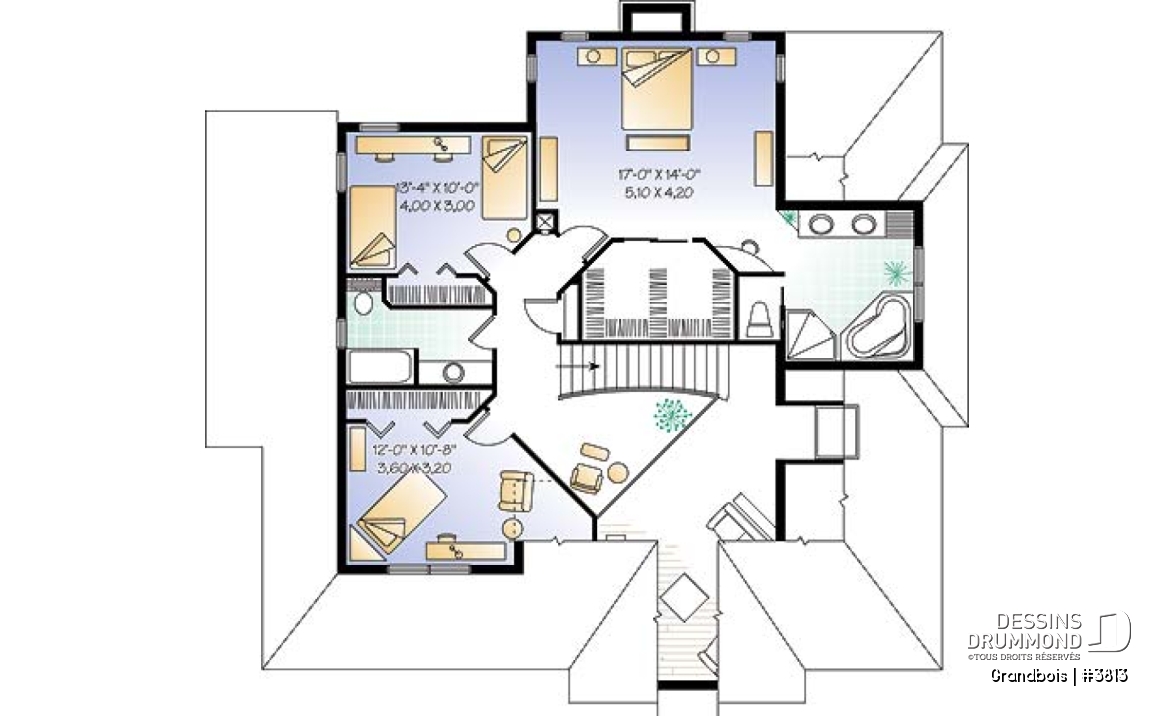 Étage - Plan de maison de campagne, 3 chambres, bureau à domicile, foyer au salon, 2 salles de séjour, garage double - Grandbois