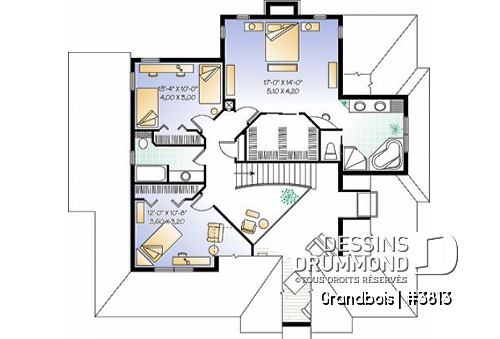 Étage - Plan de maison de campagne, 3 chambres, bureau à domicile, foyer au salon, 2 salles de séjour, garage double - Grandbois