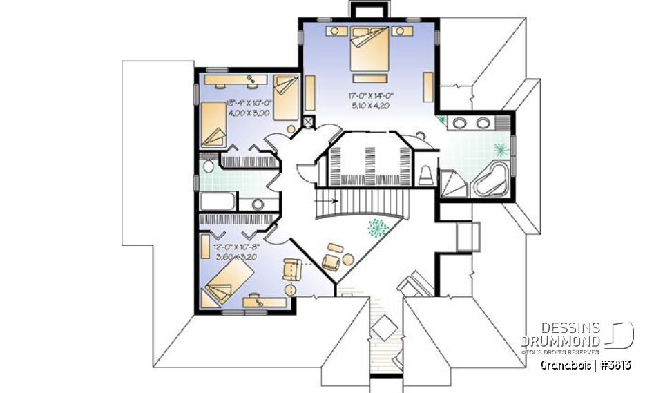 Étage - Plan de maison de campagne, 3 chambres, bureau à domicile, foyer au salon, 2 salles de séjour, garage double - Grandbois