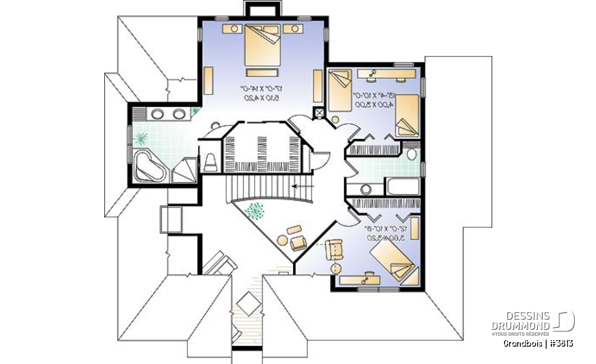 Étage - Plan de maison de campagne, 3 chambres, bureau à domicile, foyer au salon, 2 salles de séjour, garage double - Grandbois