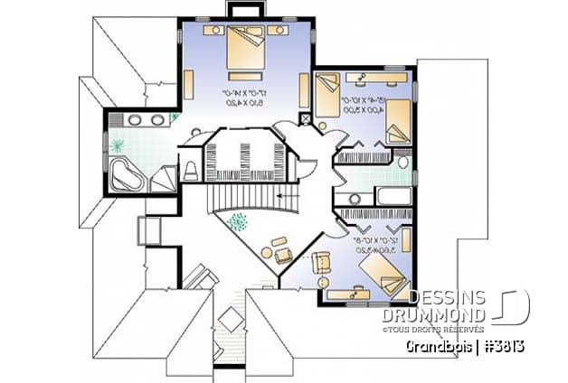 Étage - Plan de maison de campagne, 3 chambres, bureau à domicile, foyer au salon, 2 salles de séjour, garage double - Grandbois