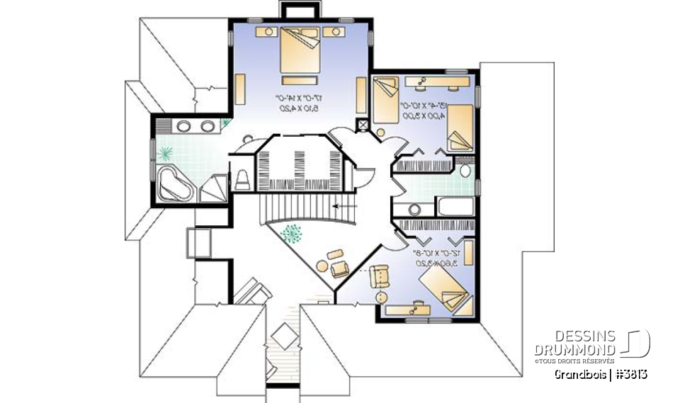 Étage - Plan de maison de campagne, 3 chambres, bureau à domicile, foyer au salon, 2 salles de séjour, garage double - Grandbois