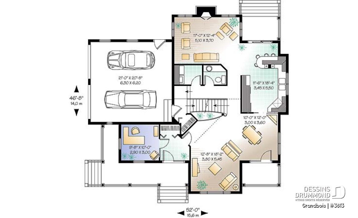 Rez-de-chaussée - Plan de maison de campagne, 3 chambres, bureau à domicile, foyer au salon, 2 salles de séjour, garage double - Grandbois