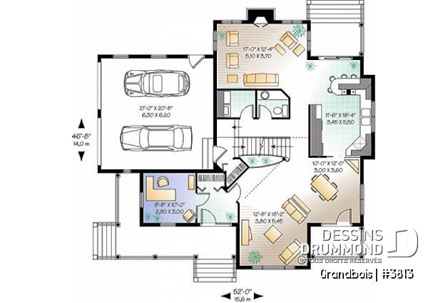 Rez-de-chaussée - Plan de maison de campagne, 3 chambres, bureau à domicile, foyer au salon, 2 salles de séjour, garage double - Grandbois