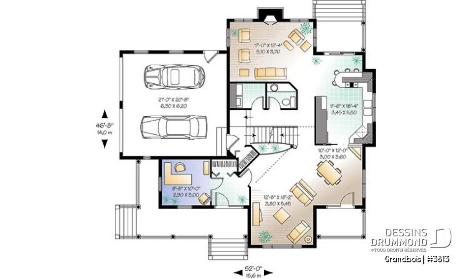 Rez-de-chaussée - Plan de maison de campagne, 3 chambres, bureau à domicile, foyer au salon, 2 salles de séjour, garage double - Grandbois