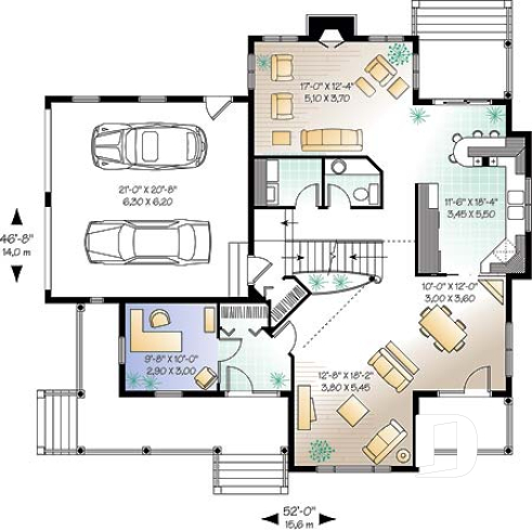 Rez-de-chaussée - Plan de maison de campagne, 3 chambres, bureau à domicile, foyer au salon, 2 salles de séjour, garage double - Grandbois