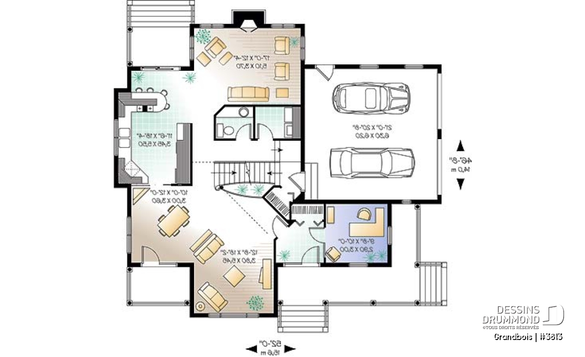Rez-de-chaussée - Plan de maison de campagne, 3 chambres, bureau à domicile, foyer au salon, 2 salles de séjour, garage double - Grandbois