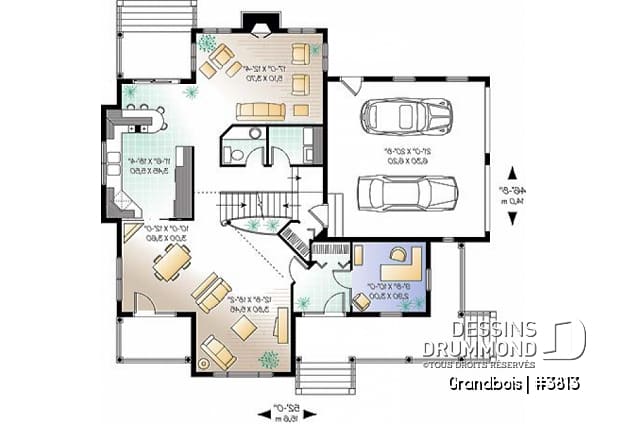Rez-de-chaussée - Plan de maison de campagne, 3 chambres, bureau à domicile, foyer au salon, 2 salles de séjour, garage double - Grandbois