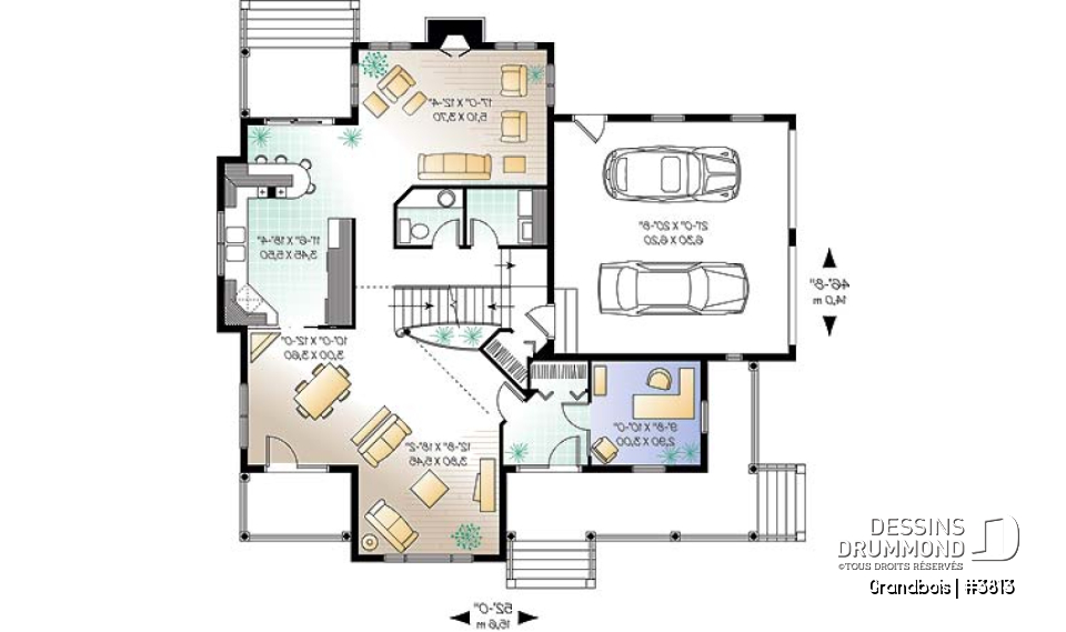Rez-de-chaussée - Plan de maison de campagne, 3 chambres, bureau à domicile, foyer au salon, 2 salles de séjour, garage double - Grandbois