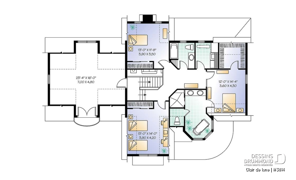 Étage - Plan de maison victorienne, 3 à 4 chambres, salon et salle familiale séparée, espace boni au-dessus du garage - Clair de lune