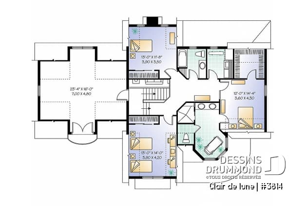 Étage - Plan de maison victorienne, 3 à 4 chambres, salon et salle familiale séparée, espace boni au-dessus du garage - Clair de lune