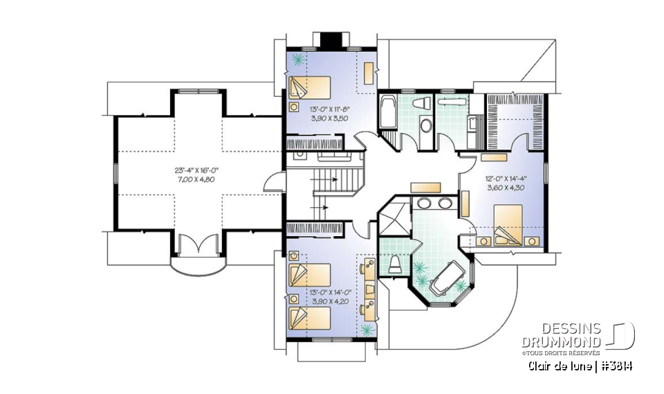 Étage - Plan de maison victorienne, 3 à 4 chambres, salon et salle familiale séparée, espace boni au-dessus du garage - Clair de lune