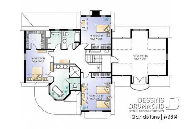Étage - Plan de maison victorienne, 3 à 4 chambres, salon et salle familiale séparée, espace boni au-dessus du garage - Clair de lune