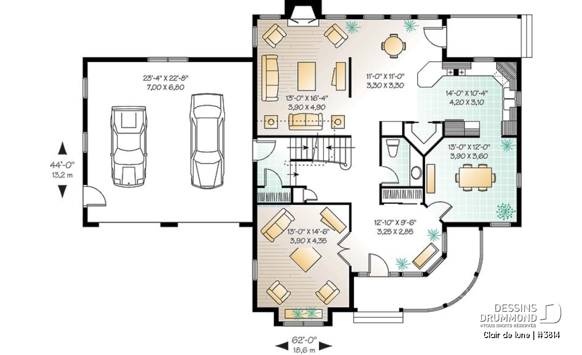 Rez-de-chaussée - Plan de maison victorienne, 3 à 4 chambres, salon et salle familiale séparée, espace boni au-dessus du garage - Clair de lune