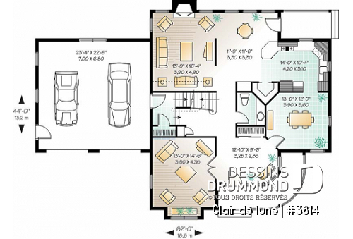 Rez-de-chaussée - Plan de maison victorienne, 3 à 4 chambres, salon et salle familiale séparée, espace boni au-dessus du garage - Clair de lune