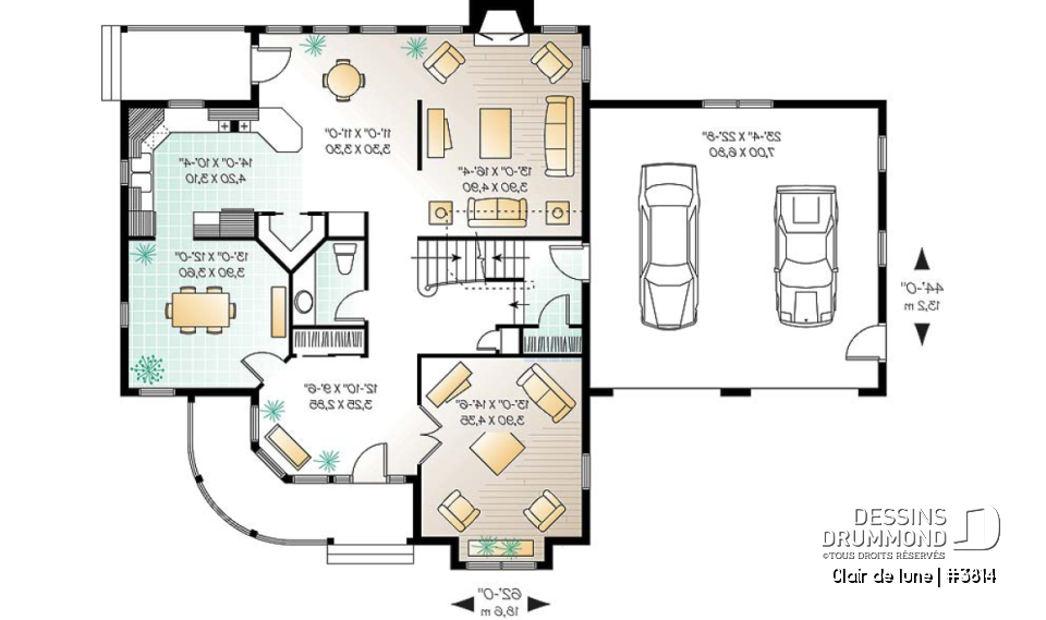 Rez-de-chaussée - Plan de maison victorienne, 3 à 4 chambres, salon et salle familiale séparée, espace boni au-dessus du garage - Clair de lune