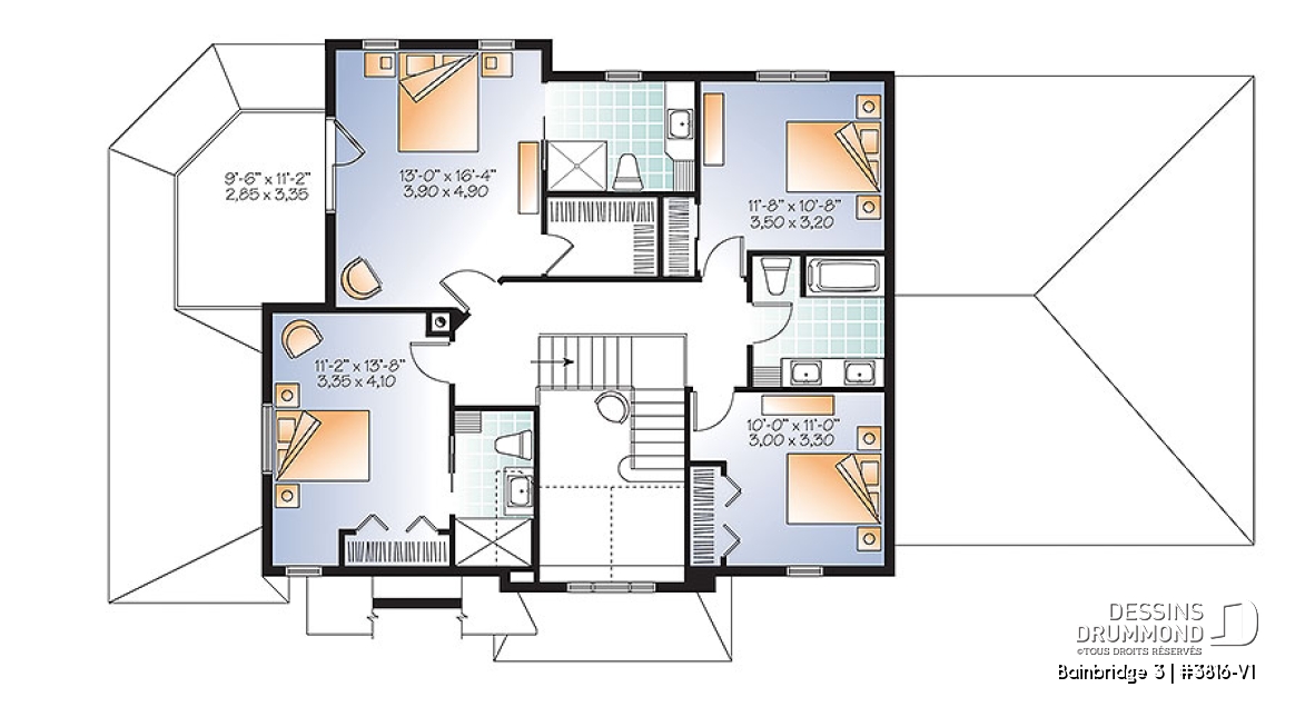 Étage - Plan maison Craftsman, poutres bois rustique, 4+ chambres, 4 s. bain, solarium, foyer  - Bainbridge 3