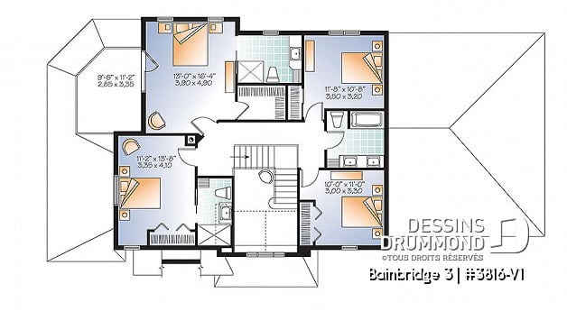 Étage - Plan maison Craftsman, poutres bois rustique, 4+ chambres, 4 s. bain, solarium, foyer  - Bainbridge 3