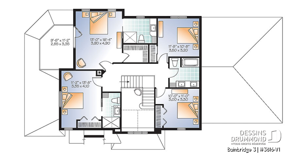 Étage - Plan maison Craftsman, poutres bois rustique, 4+ chambres, 4 s. bain, solarium, foyer  - Bainbridge 3