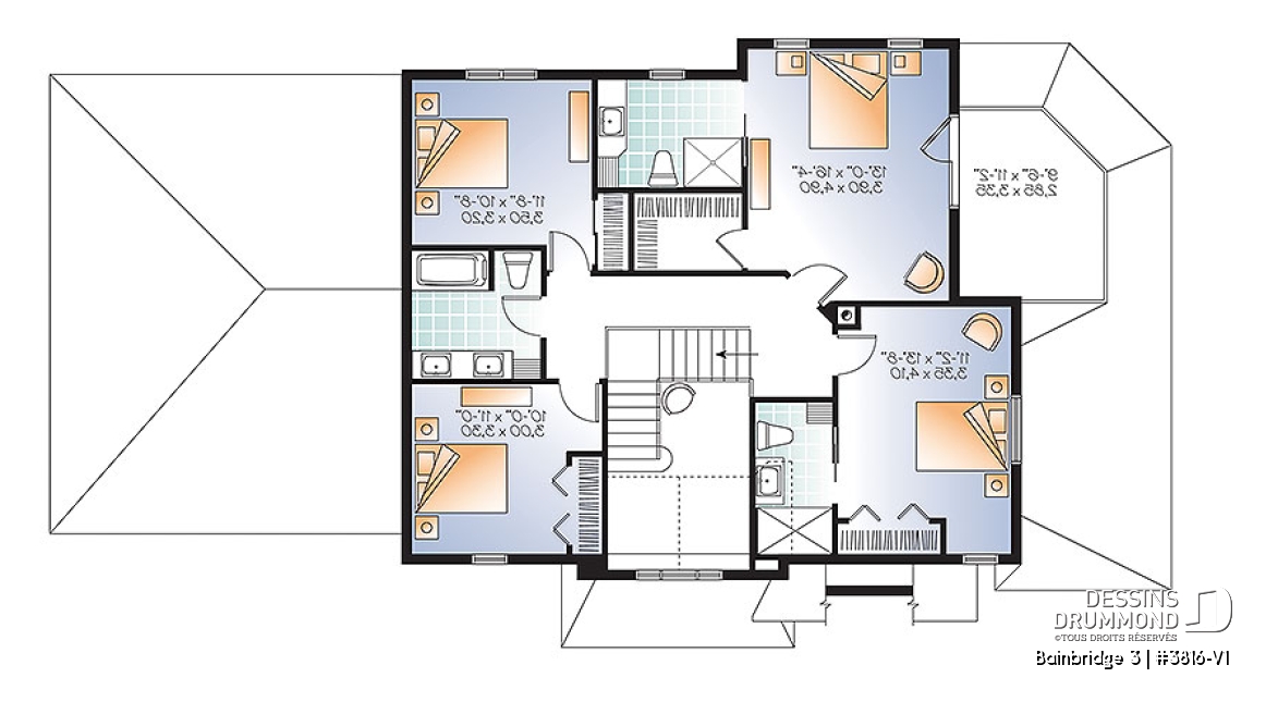 Étage - Plan maison Craftsman, poutres bois rustique, 4+ chambres, 4 s. bain, solarium, foyer  - Bainbridge 3
