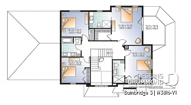 Étage - Plan maison Craftsman, poutres bois rustique, 4+ chambres, 4 s. bain, solarium, foyer  - Bainbridge 3